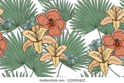 Palm leaves and hawaiian flowers. Big leaves and exotic flowers composition. Vector illustration. Botanical seamless wallpaper. Digital nature art. Cartoon style sketch. White background.