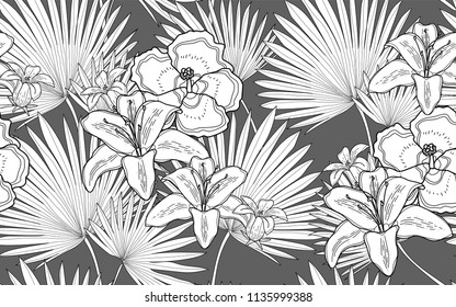 Palm leaves and hawaiian flowers. Big leaves and exotic flowers composition. Vector illustration. Botanical seamless wallpaper. Digital nature art. Cartoon style sketch. Grey background.