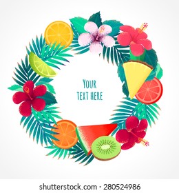 Palm leaves, hibiscus flower and tropical fruits wreath. Retro vector illustration. Place for your text. Can be used as invitation, card, poster, flyer