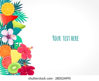 Palm leaves, hibiscus flower and tropical fruits template. Retro vector illustration. Place for your text. Can be used as invitation, card, poster, flyer