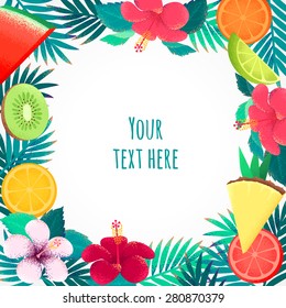 Palm leaves, hibiscus flower and tropical fruits frame. Retro vector illustration. Place for your text. Can be used as invitation, card, poster, flyer