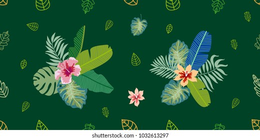 Palm leaves and hibiscus flowers on dark green background. Seamless vector pattern with tropical motifs. Design for textile, packaging, cards.