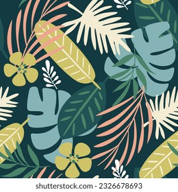 Palm leaves and ibiscus flowers seamless pattern. Cute green tropical repeat pattern. Square design. Vector illustration.