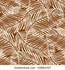 Palm leaves illustration pattern with tropical jungle plant. Vector wallpaper seamless textile pattern in vintage style. Brown colors background. 