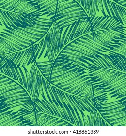 Palm Leaves Illustration Pattern With Tropical Jungle Plant. Vector Wallpaper Seamless Textile In Vintage Style. Green Colors Background. Tropical Pattern.