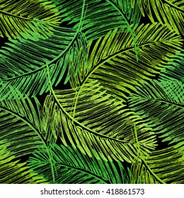 Palm leaves illustration pattern with tropical jungle plant. Vector wallpaper seamless textile vintage style. Green colors pattern on dark background. Tropical theme.