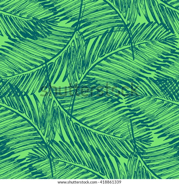 ヤシの葉に熱帯ジャングルの植物のイラスト柄 ビンテージスタイルのシームレスなベクター壁紙 緑の色の背景 熱帯柄 のベクター画像素材 ロイヤリティフリー
