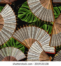 Palm leaves and japan fan. Asian tropical seamless pattern. Fashion oriental art. Medieval style. Japanese and Chinese art 