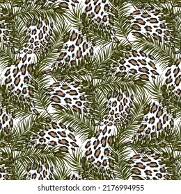 Palm leaves and leopard print.Vector seamless pattern with leopard print and palm leaves on a transparent background.