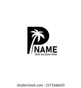 Palm leaves and letter P. Vector logo design. Business concept icon