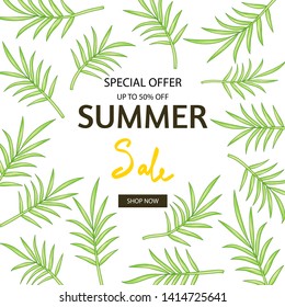 Palm leaves and lettering template about summer discounts and sales.