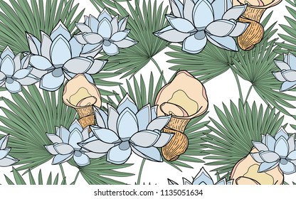 Palm leaves and lotus flowers. Big leaves and exotic flowers composition. Vector illustration. Botanical seamless wallpaper. Digital nature art. Cartoon style sketch. White background.