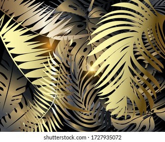 Palm leaves modern pattern. Ornamental colorful glowing 3d background. Decorative floral shiny backdrop. Tropical plants. Leafy golden ornament. Exotic vector illustration. For wallpapers, decoration.