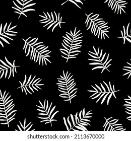 Palm leaves monochrome seamless repeat pattern. Random placed, vector botany plant all over background print.