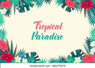 Palm leaves, monstera, hibiscus and frangipani (plumeria) flowers horizontal frame. Retro vector illustration. Tropical paradise lettering. Design for invitation, banner, card, poster, flyer