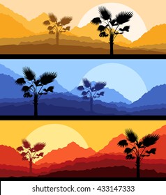 Palm leaves nature landscape romantic sunset background vector