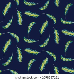 Palm leaves navy blue seamless vector pattern. Tropical summer background.