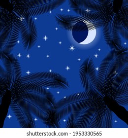 palm leaves and night starry skywall 
