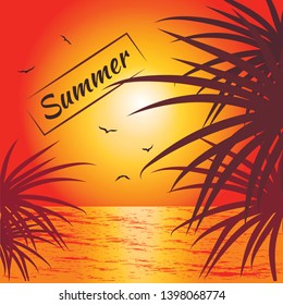 Palm leaves on the background of a sunset and sea, beautiful vector on a summer theme, seascape EPS10