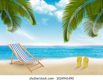 Palm leaves on beach. Vector illustration. 