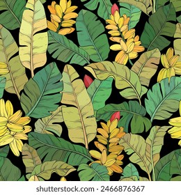 palm leaves on black background, seamless pattern