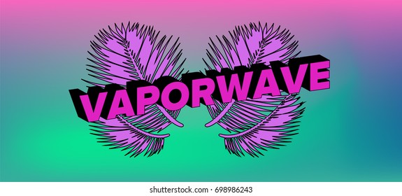 Palm leaves on neon gradient background. Vaporwave / Synthwave style poster.