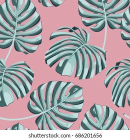 Palm leaves on the pink background. Vector seamless pattern. Tropical illustration. Jungle foliage.