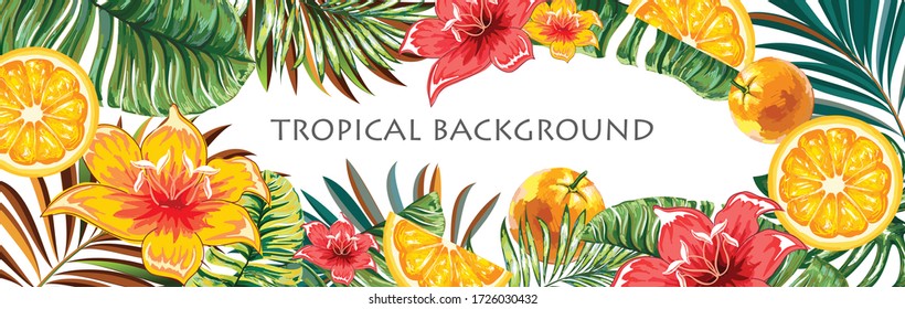 Palm leaves on a tropical background with flowers and oranges. Graphic design with amazing palms, tropical flowers and fresh ripe fruits. Realistic palm leaves.