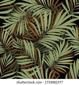 Palm leaves on a tropical background. Tropical seamless background pattern. Graphic design with amazing palms. Realistic palm leaves.