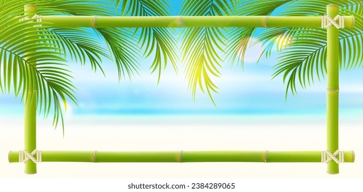 Palm leaves on tropical beach with bamboo frame for text. Vacation and travel. Tropical nature background. Vetor illustration. 

