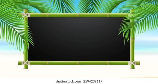 Palm leaves on tropical beach with bamboo frame for text. Vacation and travel. Tropical nature background. Vetor illustration. 