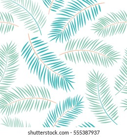 Palm leaves on the white background. Vector seamless pattern with tropical plants. Jungle foliage illustration.