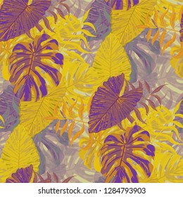 Palm Leaves. Orange Seamless Pattern with Leaves of exotic Trees. Retro Texture for, Paper, Wallpaper, Fabric. Bright Leaves of Palm Tree.