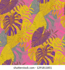 Palm Leaves. Orange Seamless Pattern with Leaves of tropical Trees. Trendy Texture for, Underwear, Curtain, Dress. Bright Leaves of Palm Tree.