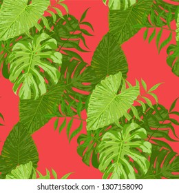 Palm Leaves. Orange Seamless Pattern with Leaves of jungle Trees. Retro Texture for, Cloth, Underwear, Paper. Bright Leaves of Palm Tree.
