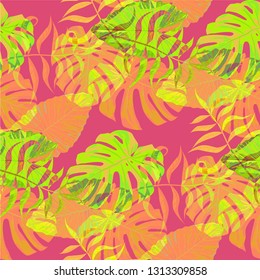 Palm Leaves. Orange Seamless Pattern with Leaves of exotic Trees. Modern Texture for, Swimwear, Cloth, Fabric. Bright Leaves of Palm Tree.