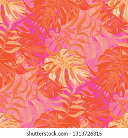 Palm Leaves. Orange Seamless Pattern with Leaves of exotic Trees. Vintage Texture for, Paper, Wallpaper, Underwear. Bright Leaves of Palm Tree.