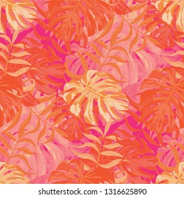 Palm Leaves. Orange Seamless Pattern with Leaves of tropical Trees. Vintage Texture for, Dress, Tablecloth, Paper. Bright Leaves of Palm Tree.