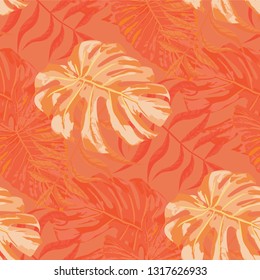 Palm Leaves. Orange Seamless Pattern with Leaves of tropical Trees. Trendy Texture for, Cloth, Fabric, Shirt. Bright Leaves of Palm Tree.