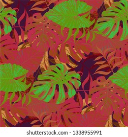 Palm Leaves. Orange Seamless Pattern with Leaves of tropical Trees. Modern Texture for, Dress, Wallpaper, Fabric. Bright Leaves of Palm Tree.