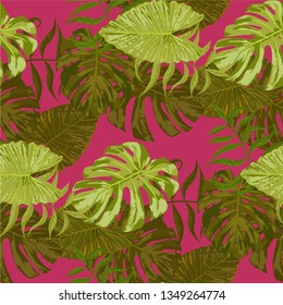 Palm Leaves. Orange Seamless Pattern with Leaves of exotic Trees. Retro Texture for, Underwear, Swimwear, Tablecloth. Bright Leaves of Palm Tree.