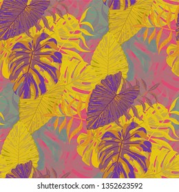 Palm Leaves. Orange Seamless Pattern with Leaves of tropical Trees. Trendy Texture for, Shirt, Paper, Tablecloth. Bright Leaves of Palm Tree.