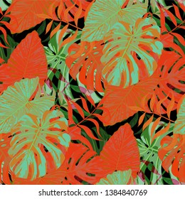 Palm Leaves. Orange Seamless Pattern with Leaves of exotic Trees. Retro Texture for, Fabric, Tablecloth, Dress. Bright Leaves of Palm Tree.