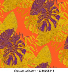 Palm Leaves. Orange Seamless Pattern with Leaves of exotic Trees. Modern Texture for, Swimwear, Paper, Tablecloth. Bright Leaves of Palm Tree.
