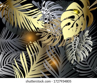 Palm leaves ornate pattern. Ornamental colorful glowing 3d background. Decorative floral shiny backdrop. Tropical plants. Leafy golden ornament. Exotic vector illustration. For wallpapers, decor.