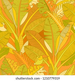 Palm leaves pattern. Banana palms leaf tree vector seamless wallpapers. Abstract south tropical plants and exotic birds background. Botanical illustration.