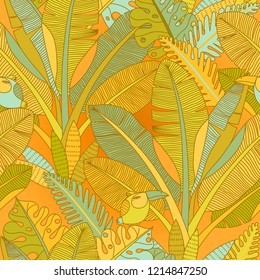 Palm leaves pattern. Banana palms leaf tree vector seamless wallpapers. Abstract exotic plants and birds background. Adult zentangle coloring book page.