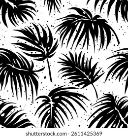 Palm leaves. Pattern of black palm leaves on white background in grunge style. Drawn with brush strokes, splashes, blots.