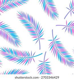 Patrón de hojas de palma que se repite sin problemas en colores de neón vibrantes: rosa, púrpura, azul. Follaje tropical brillante del verano en diseño blanco del Vector del fondo. Perfecto para fiesta retro de los años 80, traje de baño.