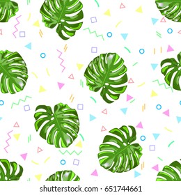 Palm leaves pattern seamless with geometric shapes. Vector stock.